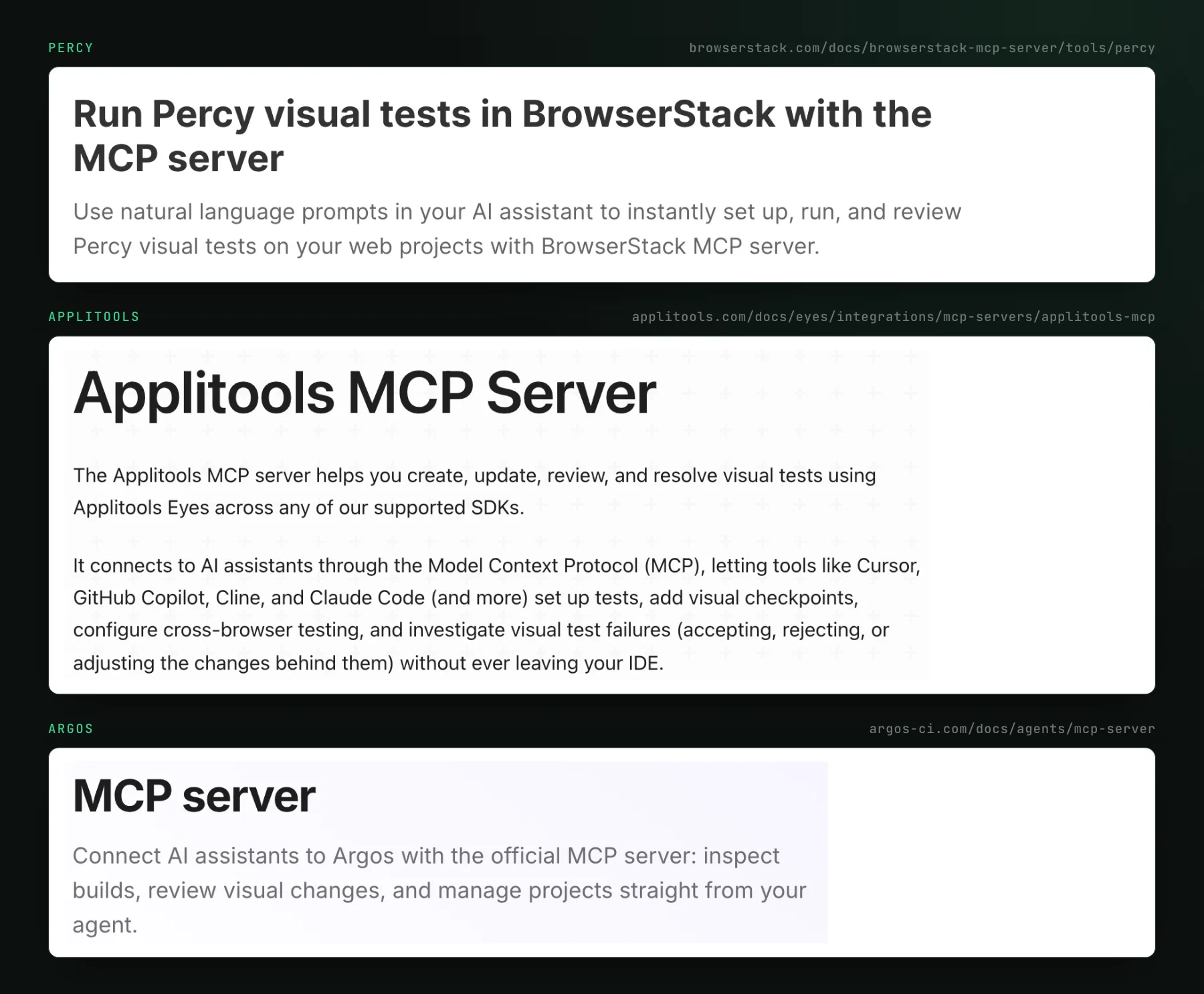 Cropped headers of three documentation pages: Percy's BrowserStack MCP page, the Applitools MCP Server page, and the Argos MCP server page, each describing reviewing visual tests from an AI assistant.