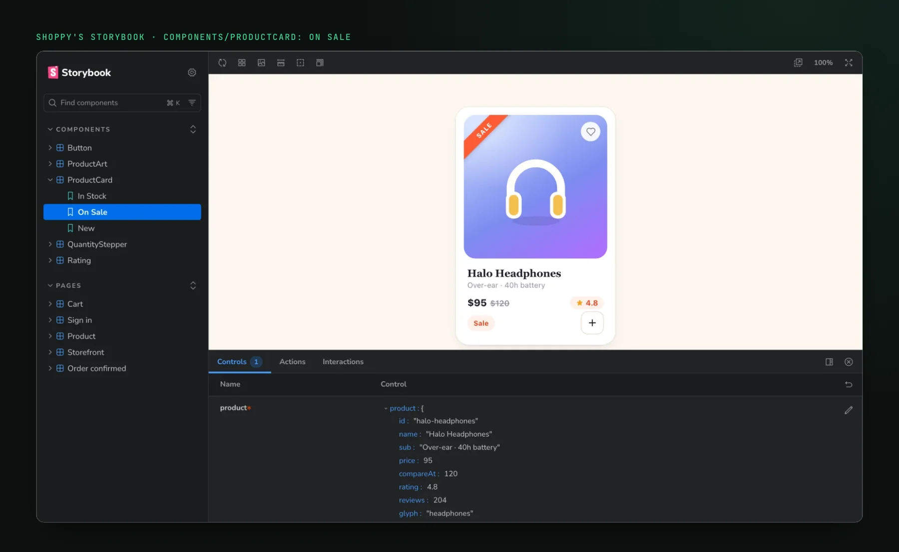The Shoppy demo's Storybook in the dark theme with Components/ProductCard: On Sale selected: the Halo Headphones card with a sale ribbon and a 4.8 rating, and the Controls panel listing the fixed product args it renders from.