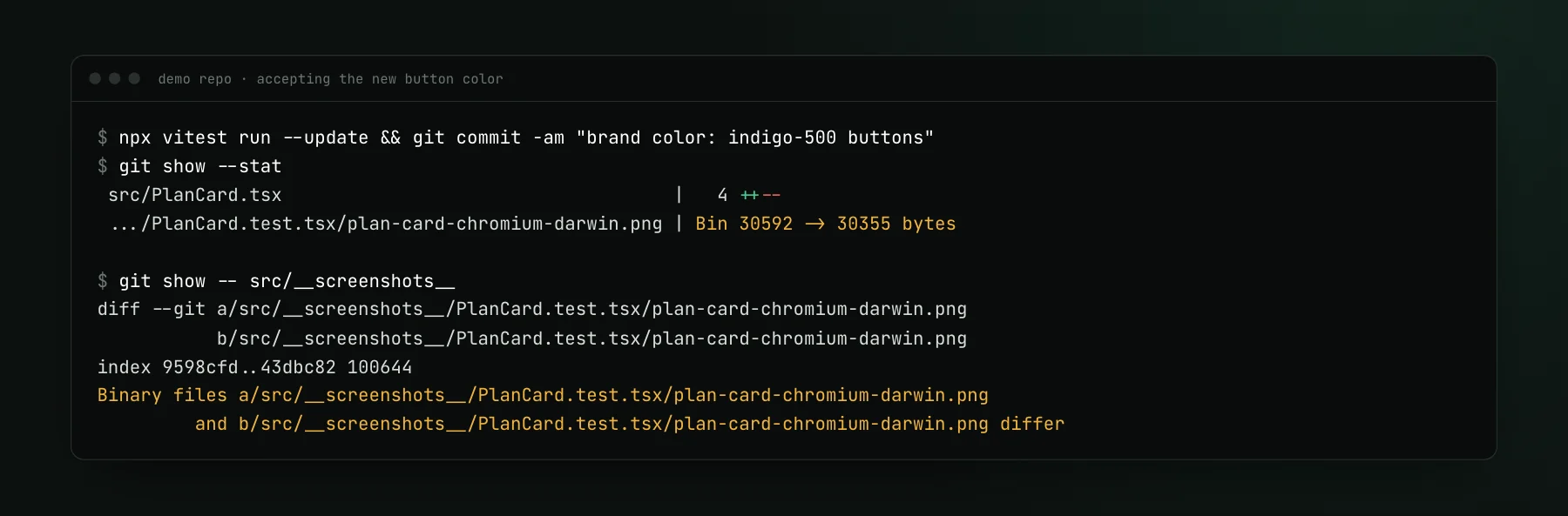 A terminal showing vitest run --update and a commit, then git show listing the reference PNG as Bin 30592 to 30355 bytes and reporting that the binary files differ.