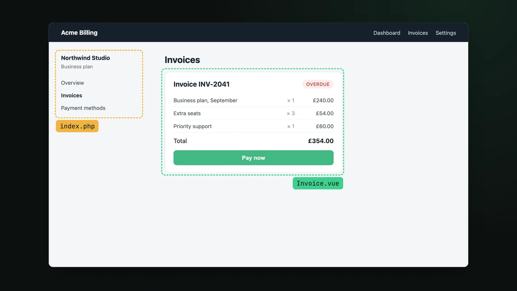 A billing page screenshot with two regions outlined: the sidebar rendered by a PHP template, index.php, and the invoice card mounted by a Vue component, Invoice.vue.