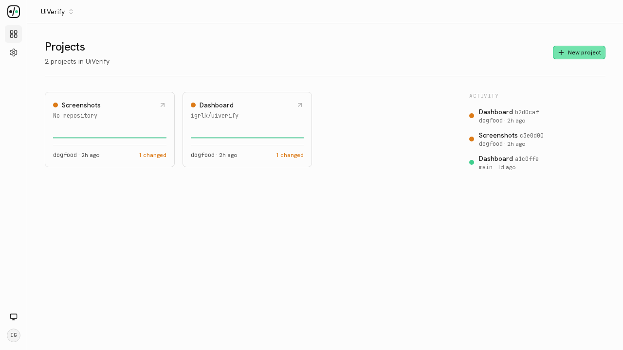 A UI Verify capture of the UI Verify projects page, taken by the Playwright spec that walks the dashboard: two dogfood projects, Screenshots and Dashboard, each showing 1 changed.