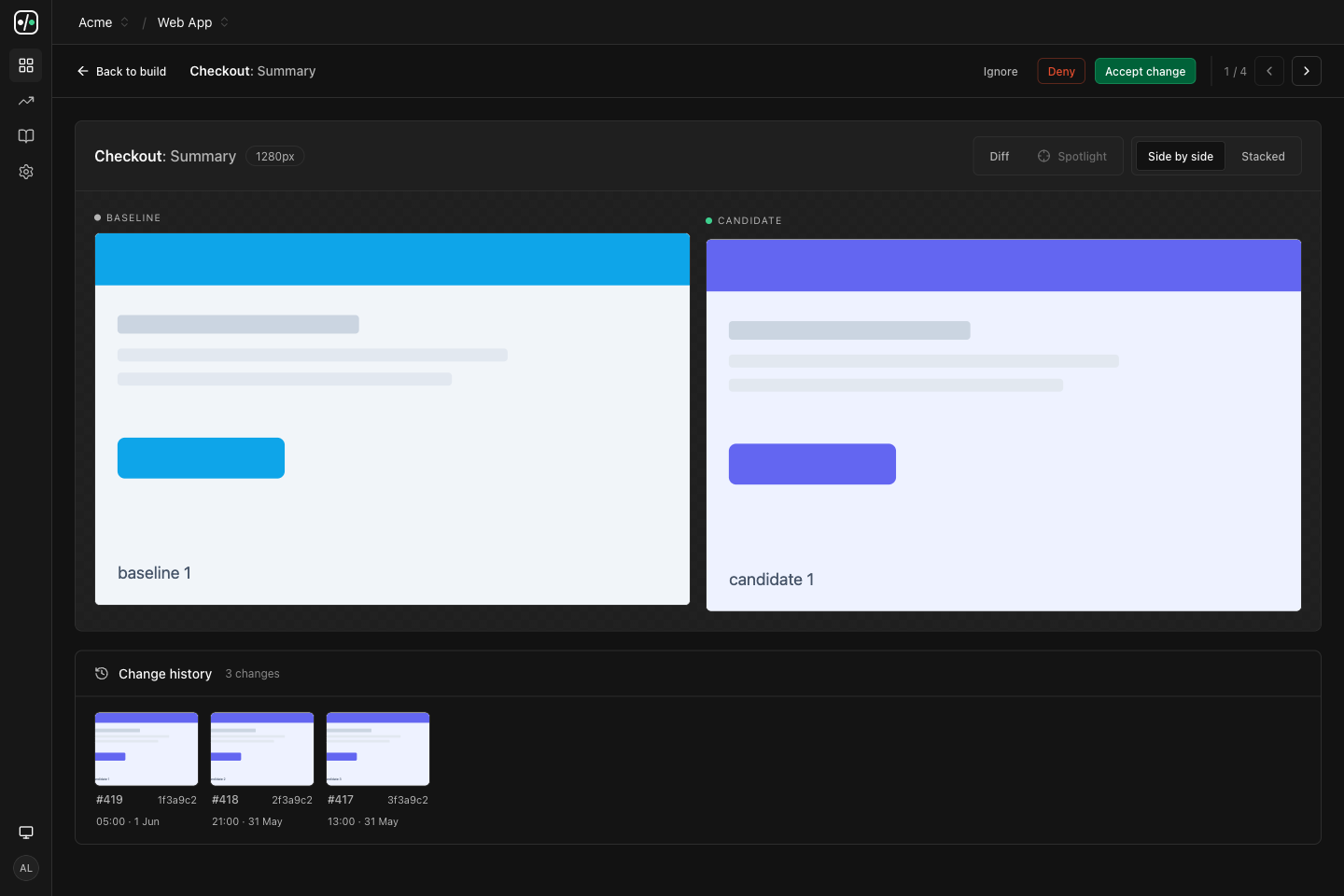 A UI Verify diff review: baseline and candidate side by side with accept, deny, and ignore controls and a change history below.