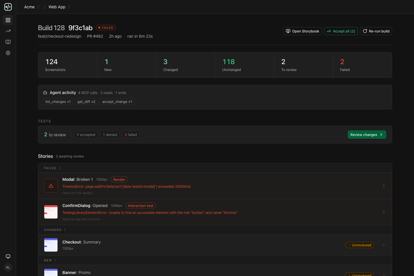 A finished UI Verify build showing screenshot counts, an agent-activity panel, and stories grouped into failed, changed, and new.