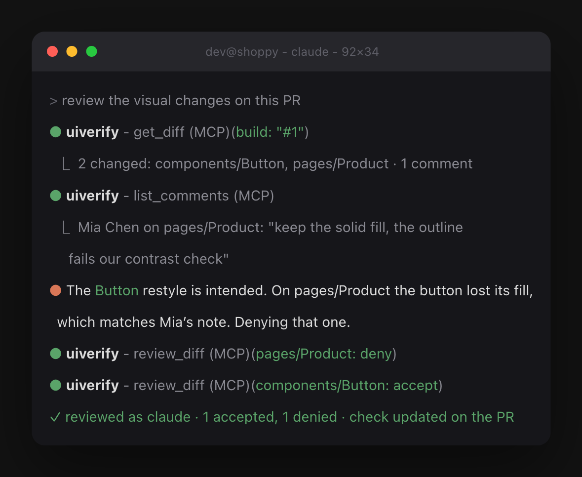 A coding agent in a terminal reading a review comment over MCP, then denying one change and accepting another.