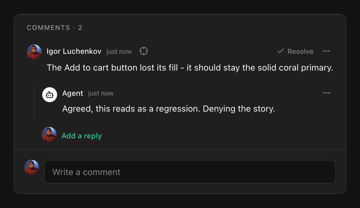 A comment thread with a person's comment, an agent reply below it, a resolve control, and a composer to add a comment.
