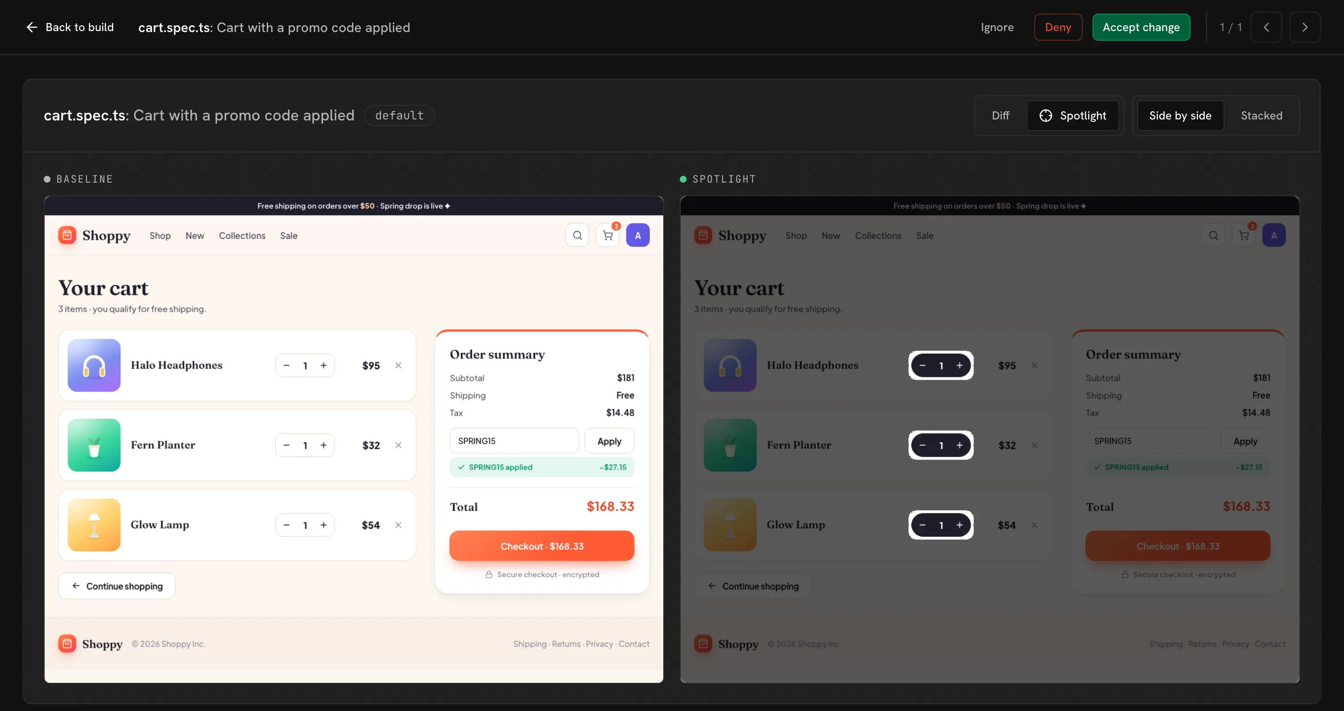 UI Verify's review screen for a Playwright end-to-end test of a storefront cart: the baseline, and the pull request with Spotlight dimming everything except the three quantity steppers that changed.