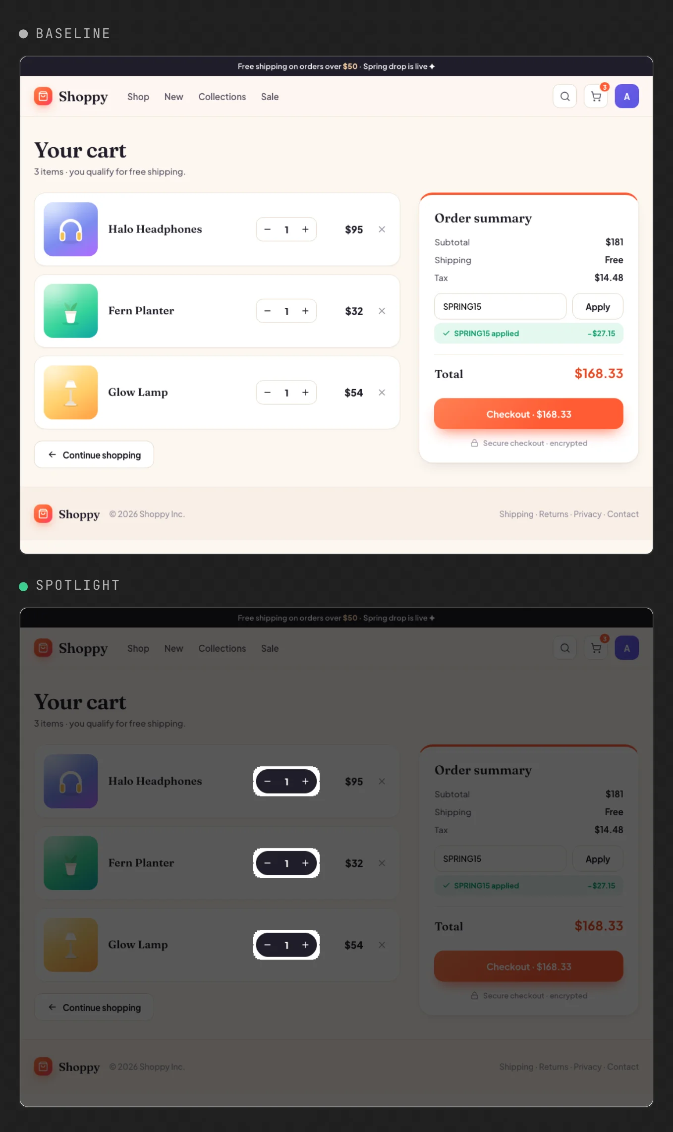 UI Verify's review screen for a Playwright end-to-end test of a storefront cart: the baseline, and the pull request with Spotlight dimming everything except the three quantity steppers that changed.