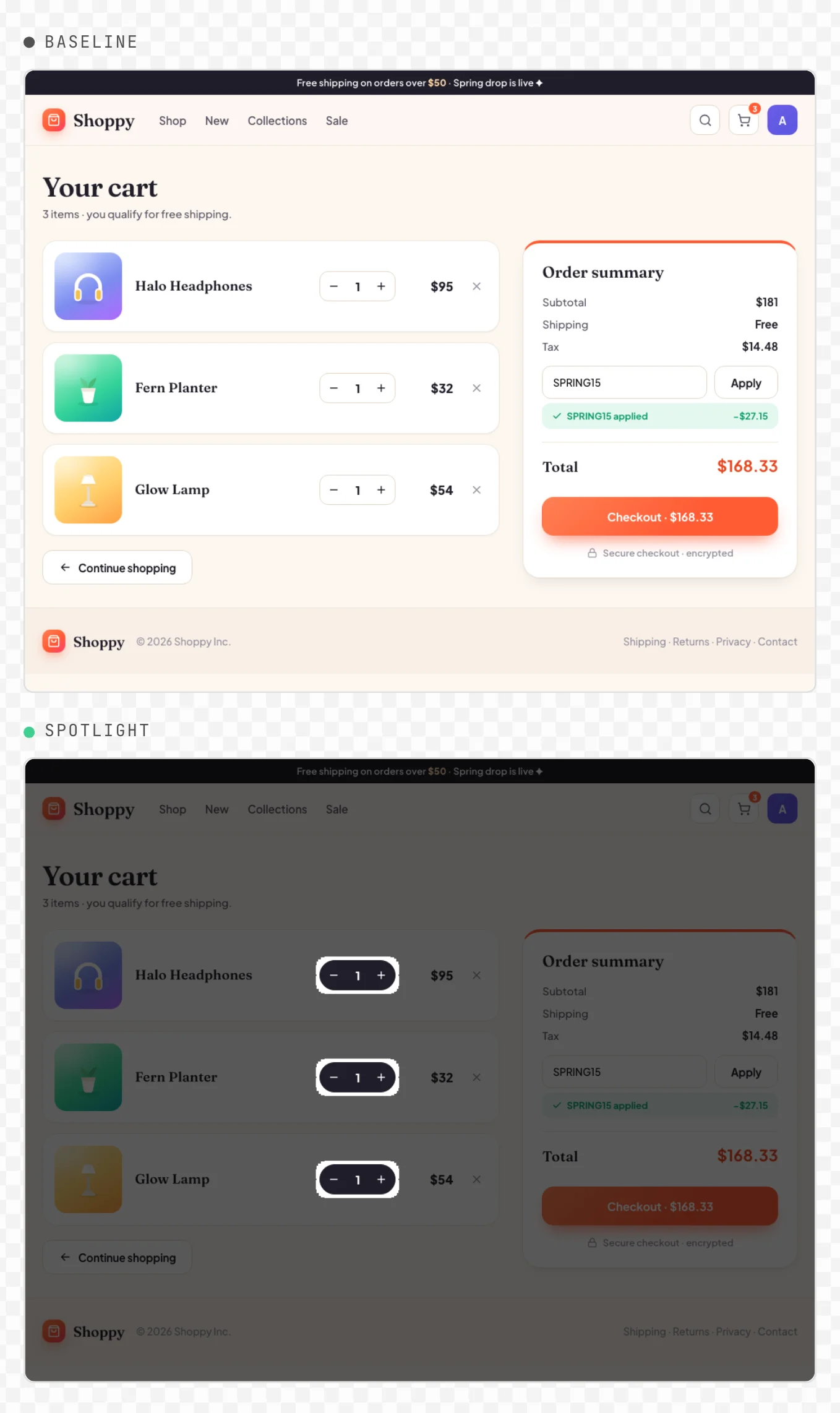 UI Verify's review screen for a Playwright end-to-end test of a storefront cart: the baseline, and the pull request with Spotlight dimming everything except the three quantity steppers that changed.