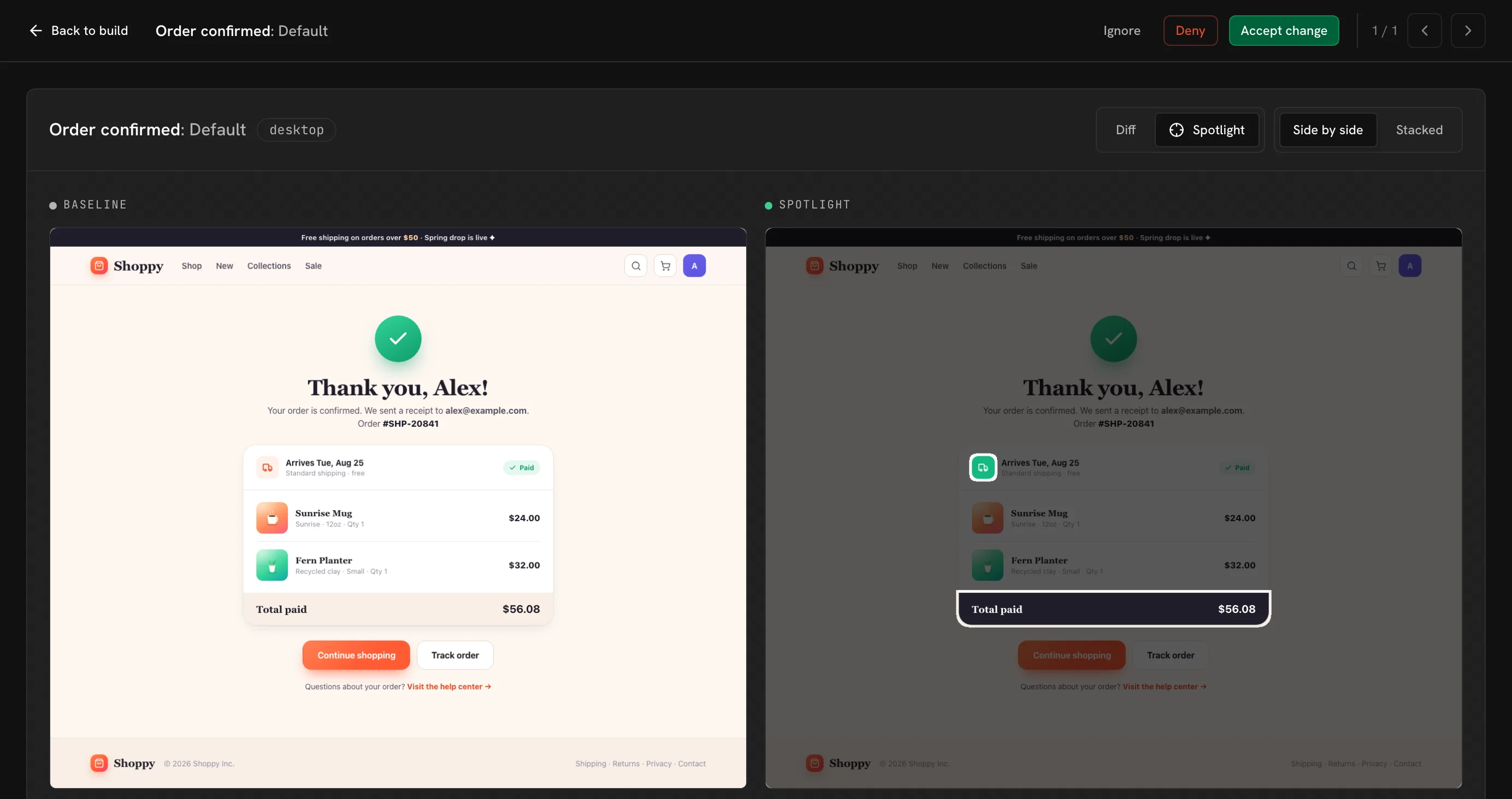 UI Verify's review screen for a Storybook story of an order confirmation page: the baseline, and the pull request with Spotlight dimming everything except the delivery icon and the Total paid row that changed.