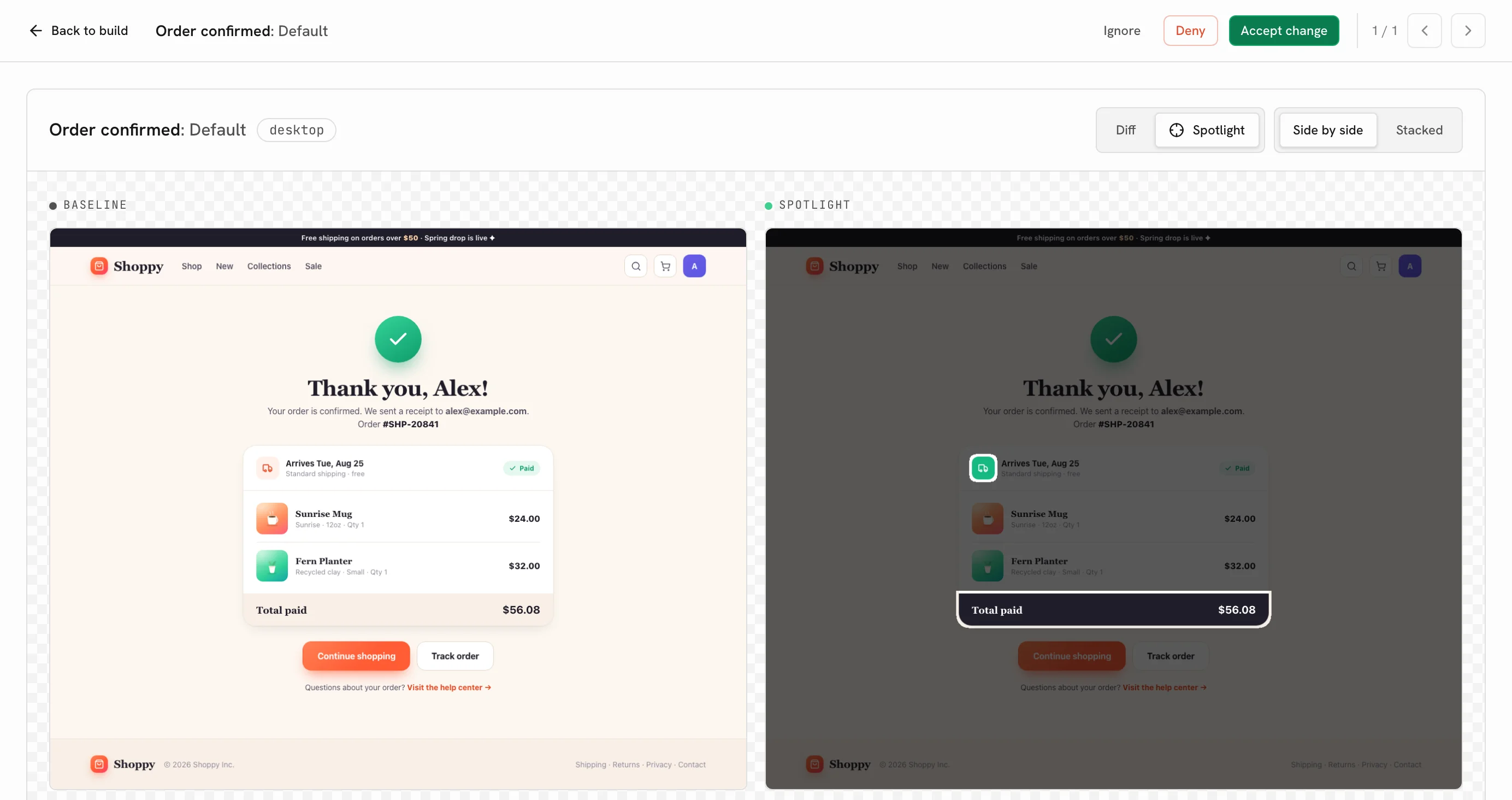 UI Verify's review screen for a Storybook story of an order confirmation page: the baseline, and the pull request with Spotlight dimming everything except the delivery icon and the Total paid row that changed.