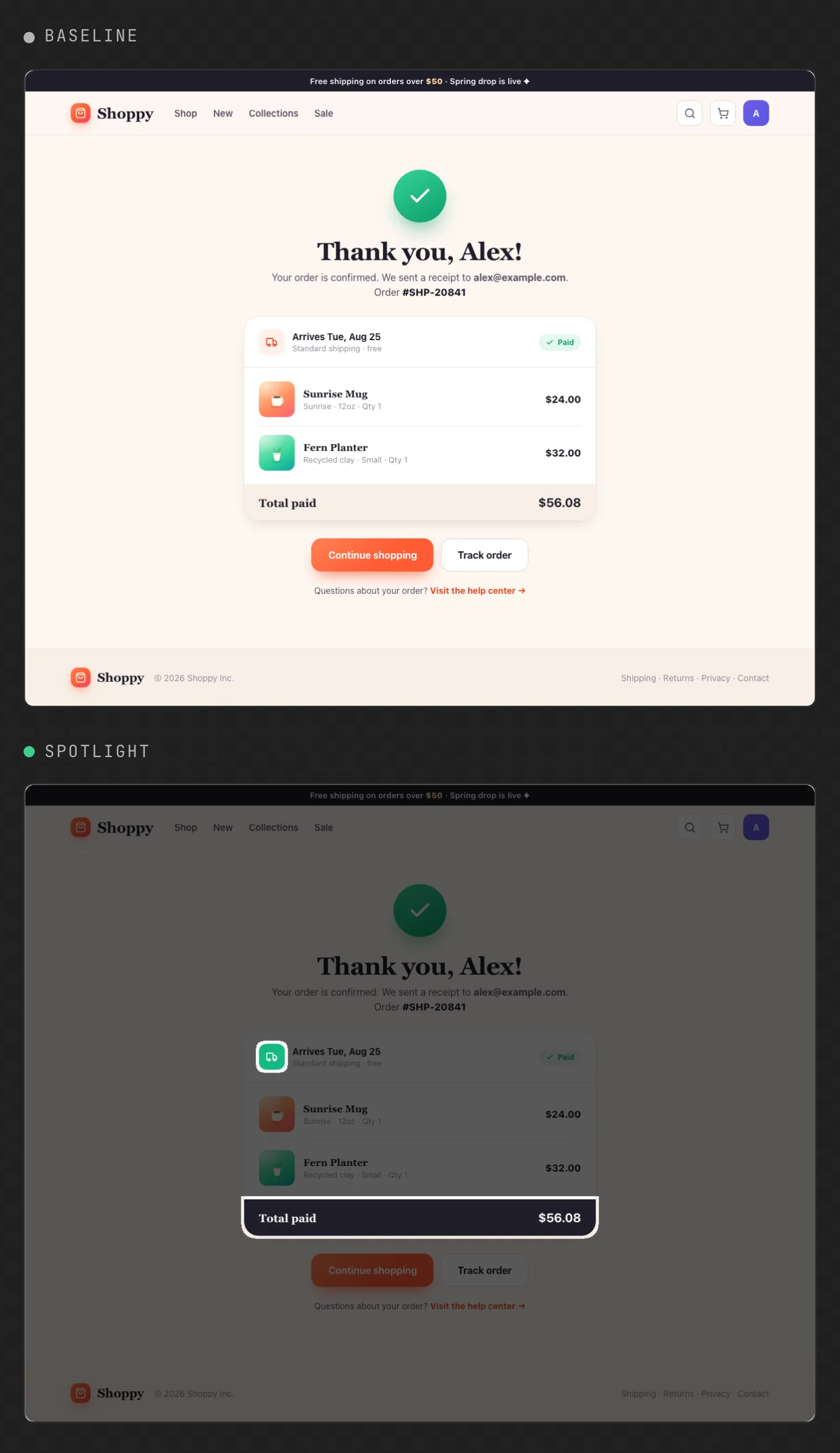 UI Verify's review screen for a Storybook story of an order confirmation page: the baseline, and the pull request with Spotlight dimming everything except the delivery icon and the Total paid row that changed.