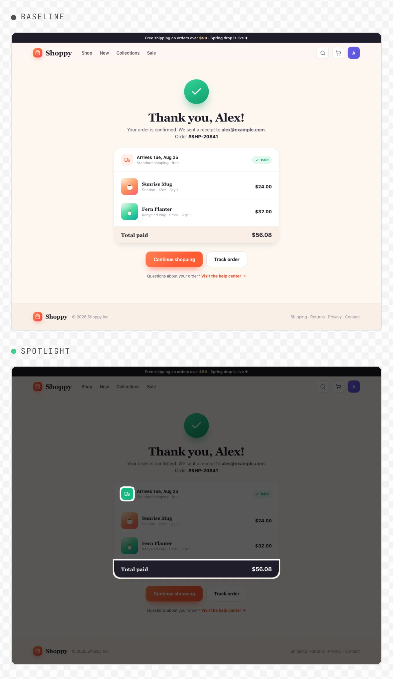 UI Verify's review screen for a Storybook story of an order confirmation page: the baseline, and the pull request with Spotlight dimming everything except the delivery icon and the Total paid row that changed.