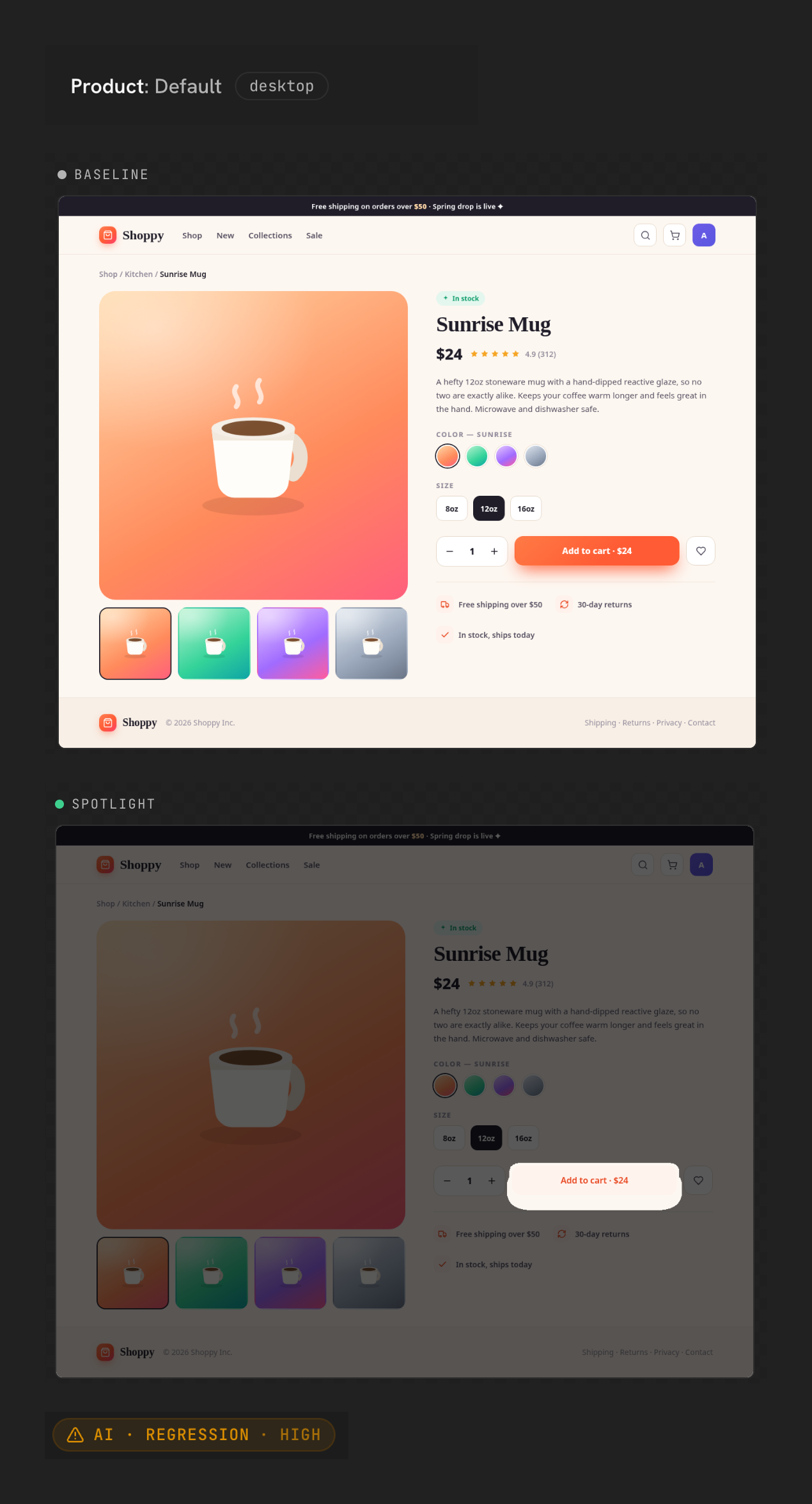 UI Verify review of the Shoppy demo: the Add to cart button changed from a solid fill to a faint outline, flagged by the AI judge as a likely regression.